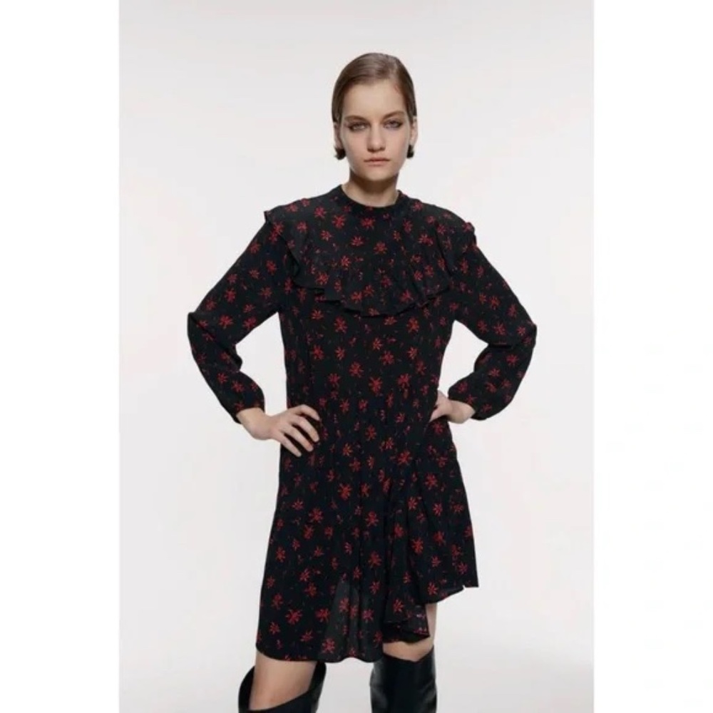 Zara Black Red Floral Ruffle Tiered Mini Dress Long Sleeve Size M - Picture 5 of 14